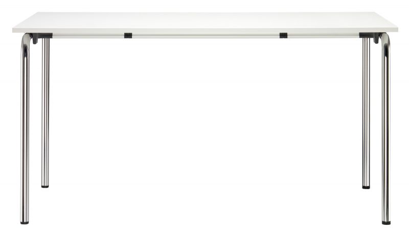Weißer Thonet Klapptisch S 1196 mit verchromten Stahlrohrgestell, ideal als Konferenztisch oder Bürotisch.